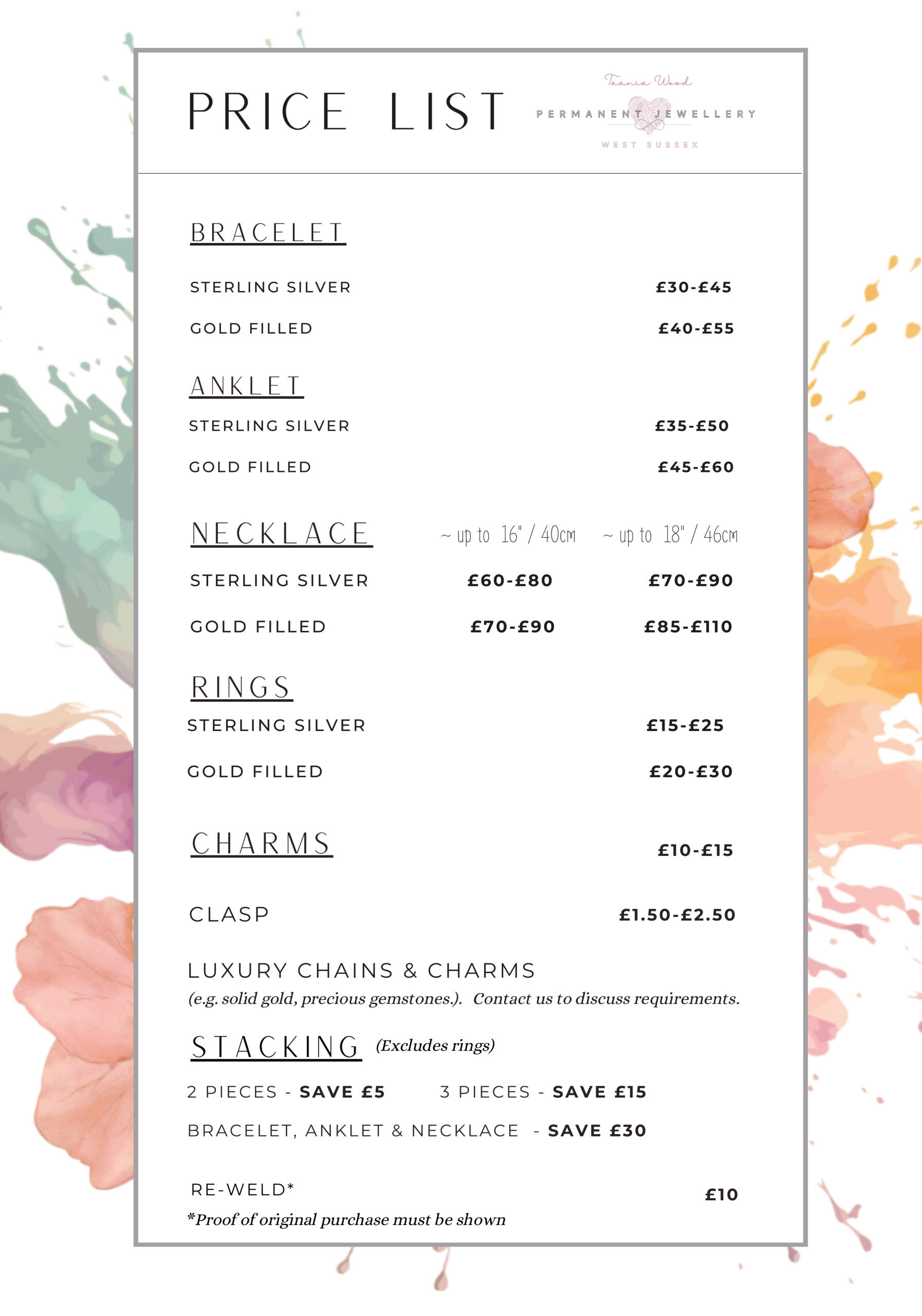 Permanent Jewellery West Sussex_Price List